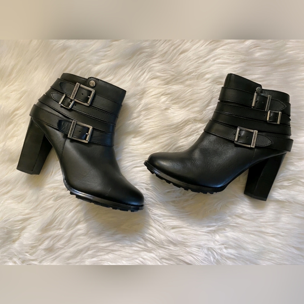 Harley Davidson Sexy Black Leather Moto Heeled Boots Booties Size 9